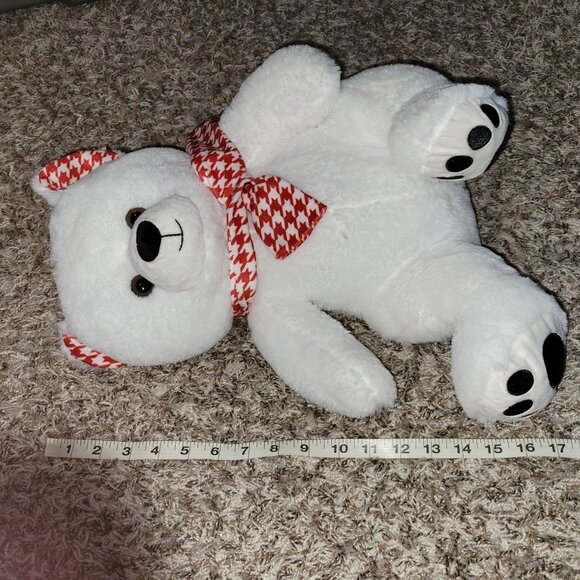 Polar Bear 17 inch Plush Teddy White Red Gingham Bow Ears Stuffed Animal Toy - Picture 4 of 4